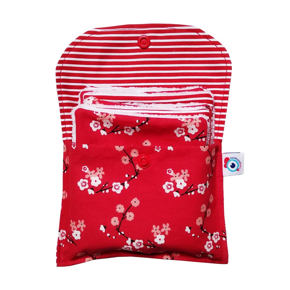 Kit POCHETTE + 6 carrés LINGETTE démaquillante lavable bambou fleurs rouges marinière