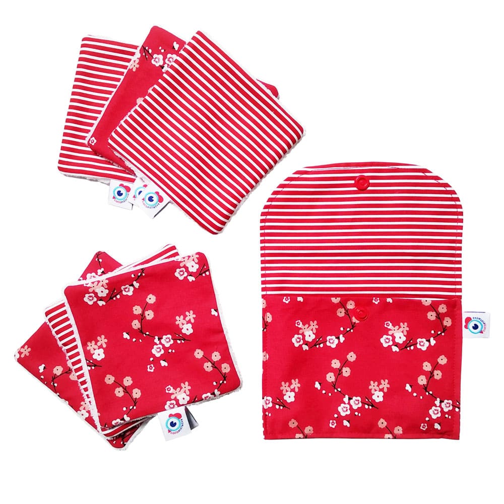 Kit POCHETTE + 6 carrés LINGETTE démaquillante lavable bambou fleurs rouges marinière – Image 2