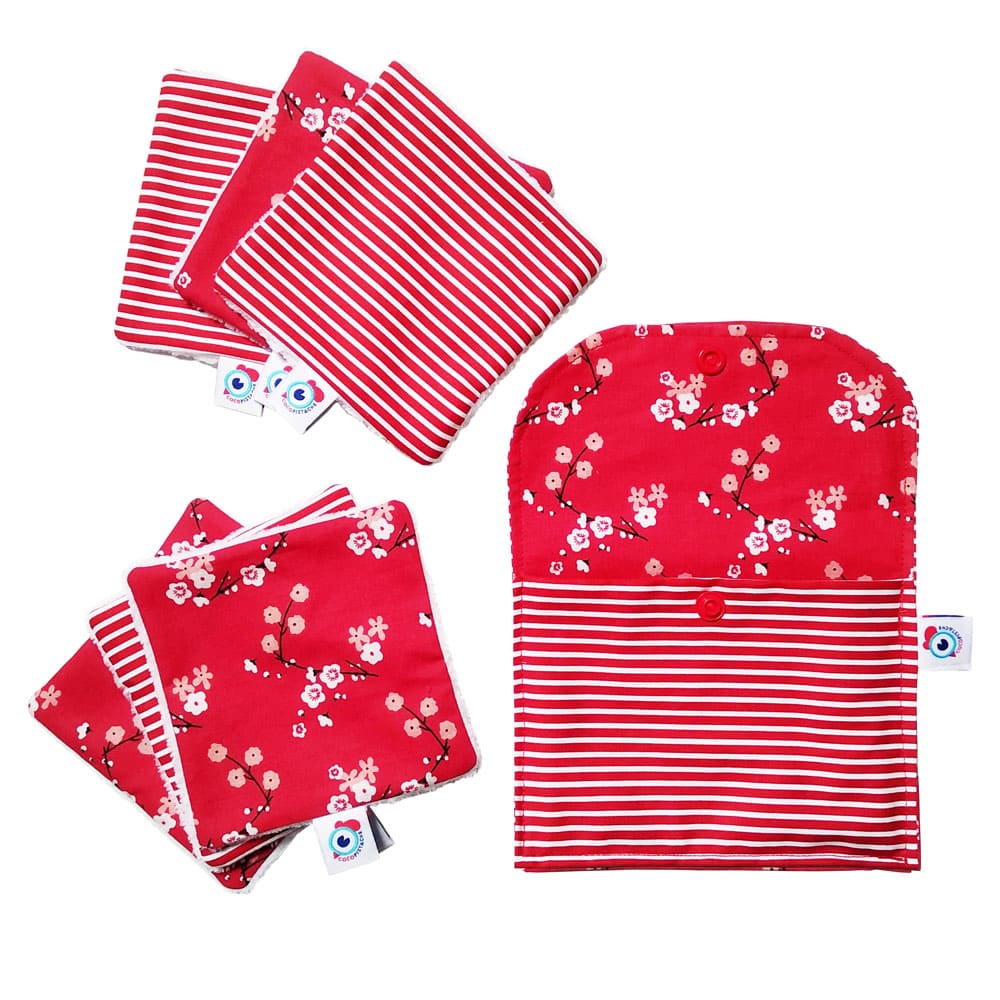 Kit POCHETTE + 6 carrés LINGETTE démaquillante lavable bambou rouge marinière fleurs – Image 2