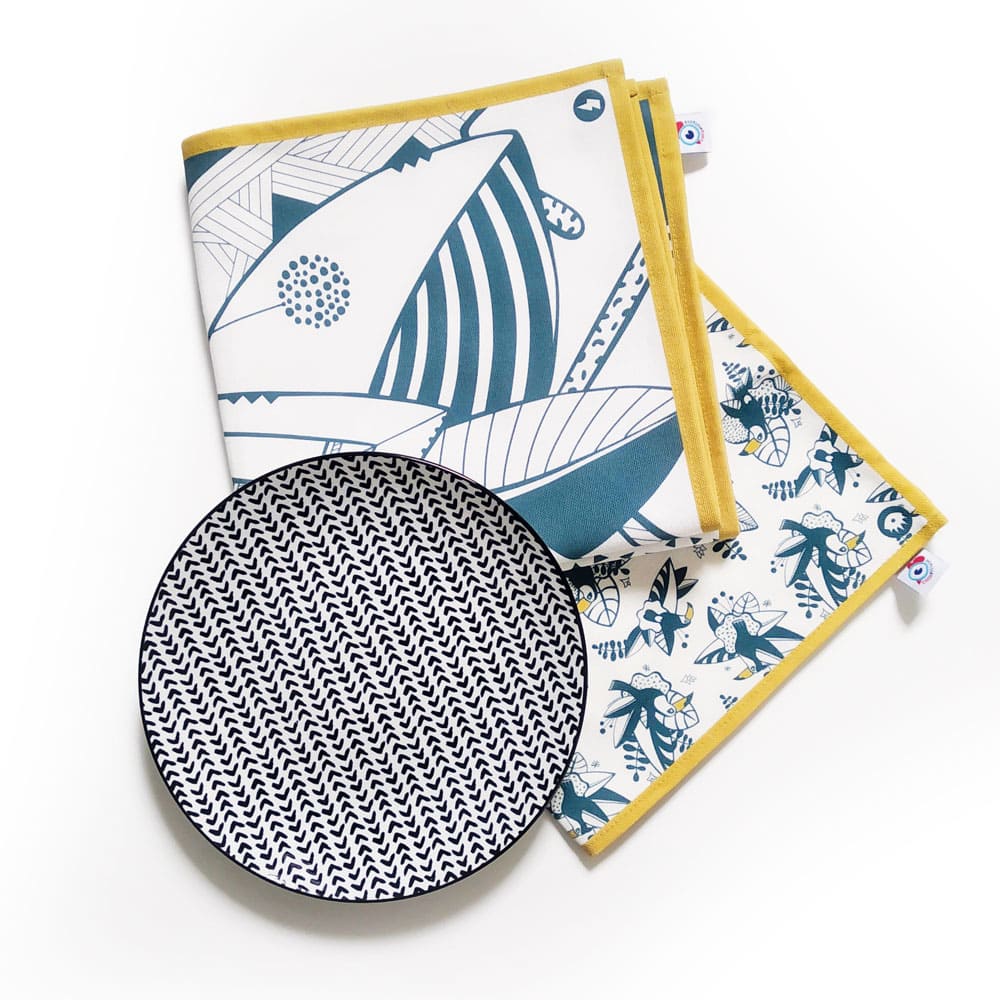 2 ou 4 SERVIETTE de table tissu Tropical toucan bleu canard - Famille Tropico Coco 40x40cm