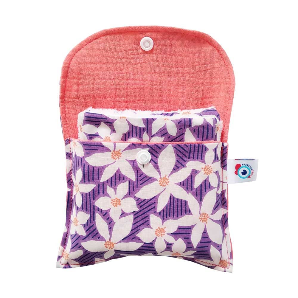 Kit POCHETTE + 6 carrés LINGETTES démaquillantes lavables bambou violet fleurs gaze corail