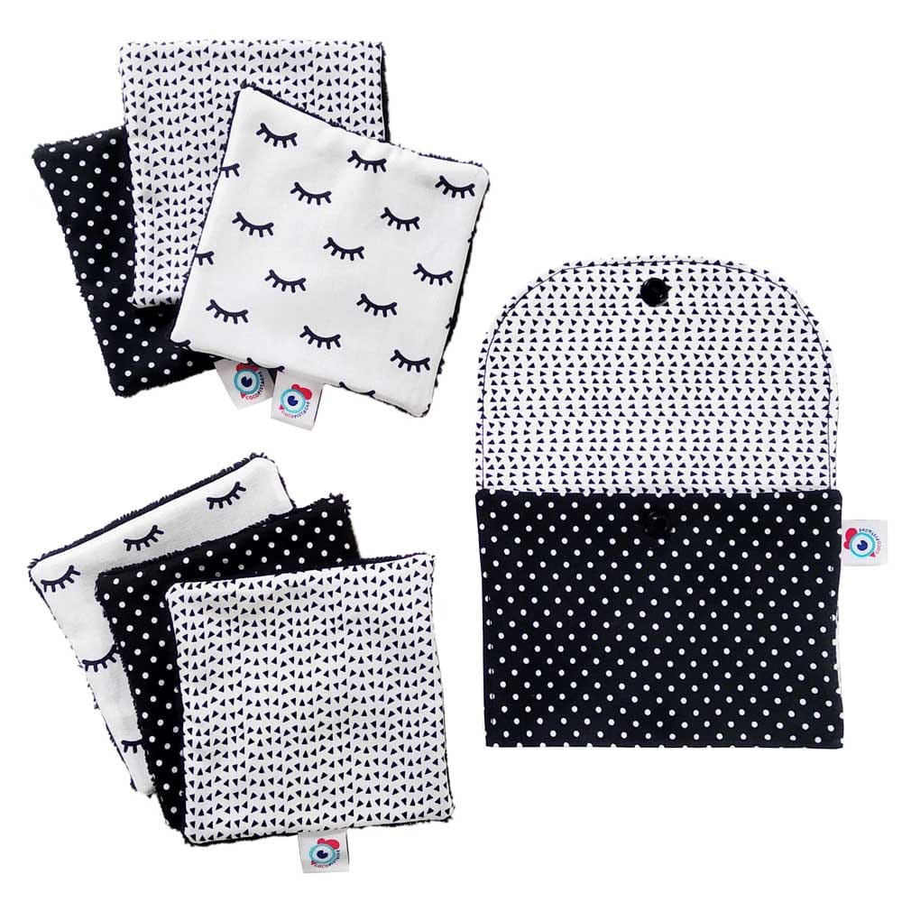 Kit POCHETTE + 6 carrés LINGETTE démaquillante lavable pois noir et blanc – Image 2