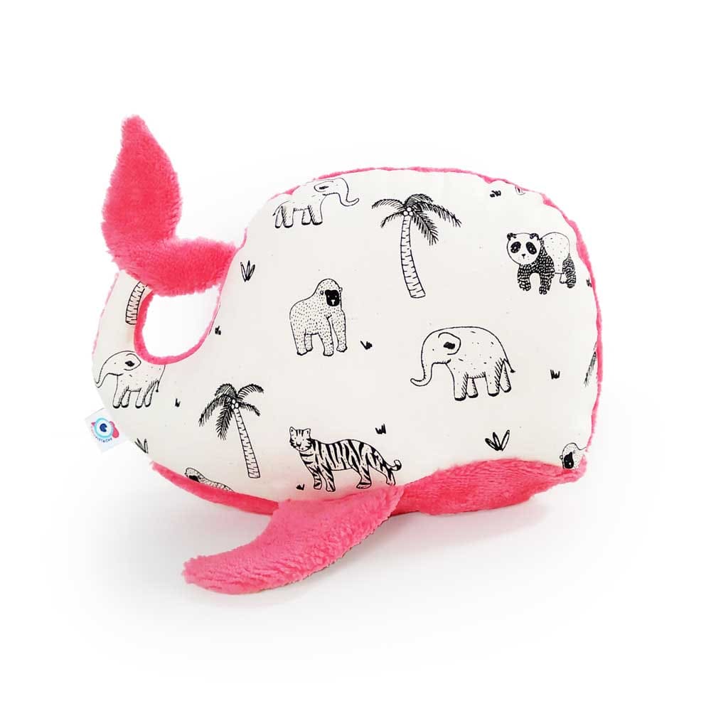 DOUDOU peluche bébé fille garçon baleine coton animaux noir et blanc et éponge de bambou corail 21cm