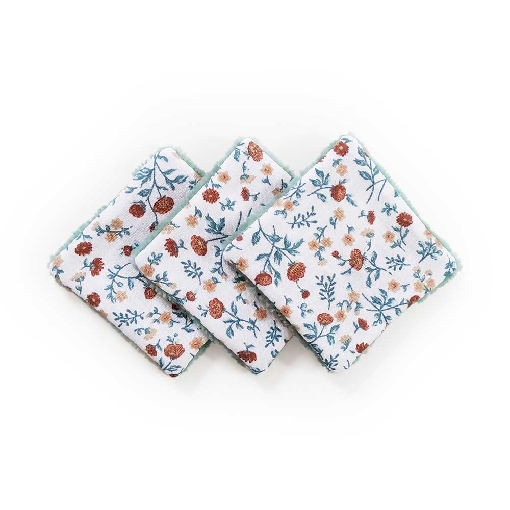 Mini Coton doux démaquillant lavable x3 à fleurs bambou vert 6x6cm